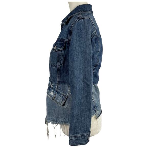 LUCKY BRAND Remade Distressed Denim Waisted Trucker Jacket Raw Frayed Hem XS - Picture 8 of 15